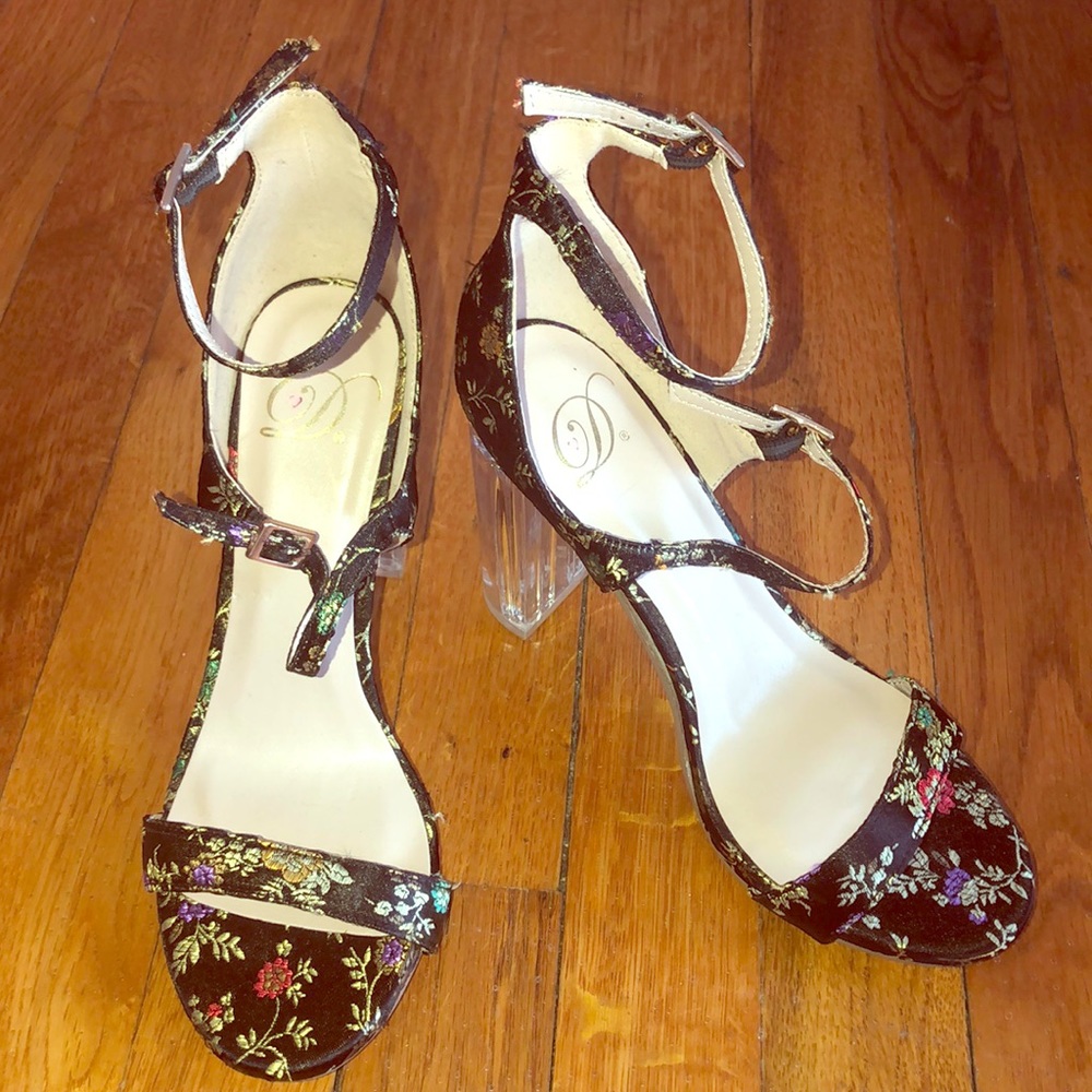 Black Satin Floral Peep Toe Heels